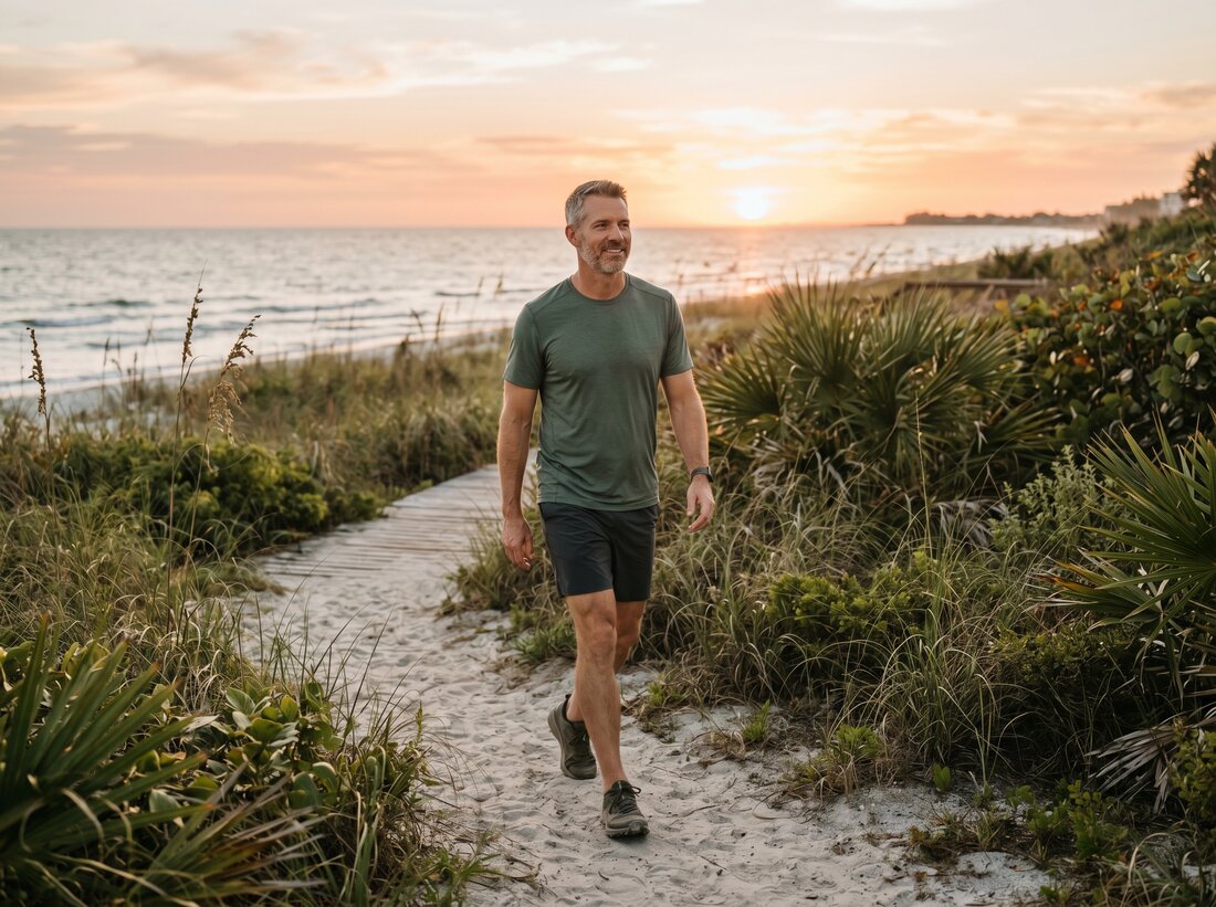 A man walking a Florida beach path at sunset, representing hormone therapy for men